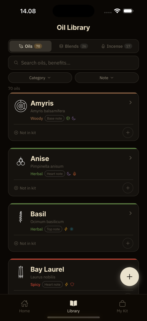 Sauna Oils session builder screen