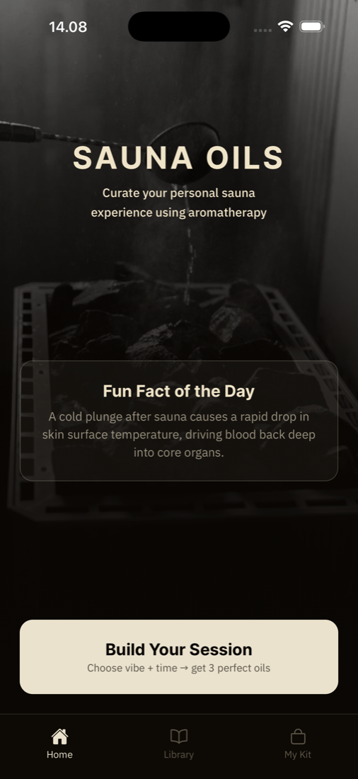 Sauna Oils app home screen