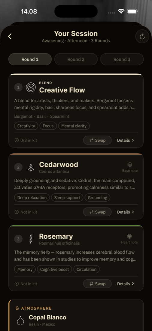 Sauna Oils generated session screen